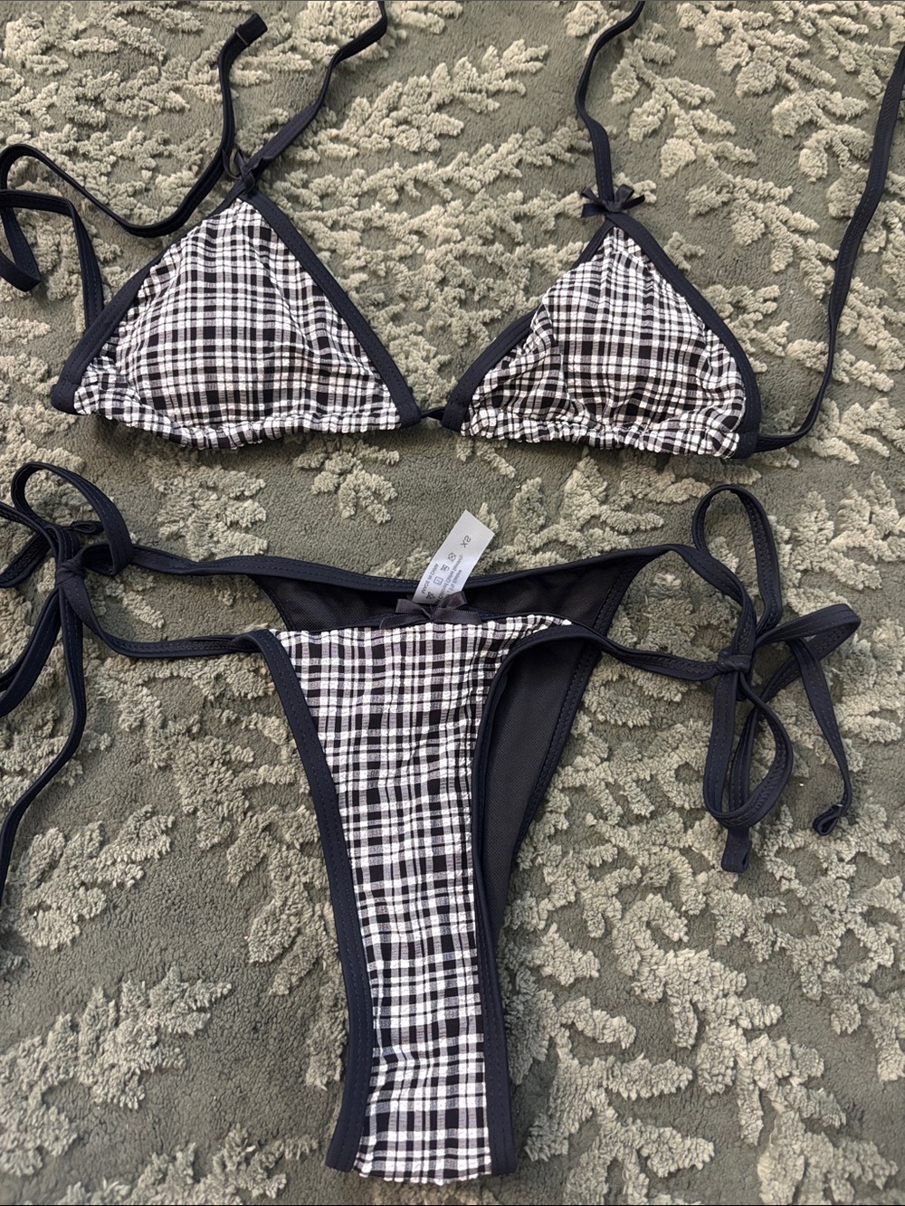 Black & White Plaid Tie-Side Triangle Bikini - Women Swim